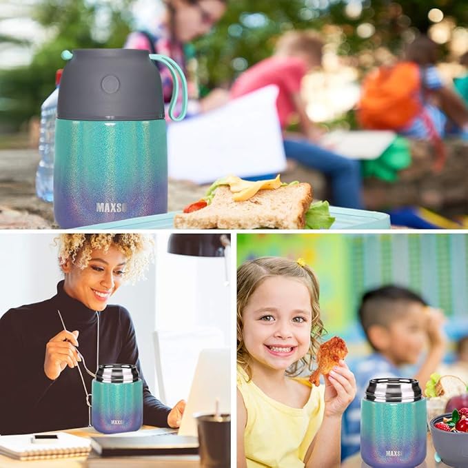 MAXSO 2 Pack Soup Thermo for Hot & Cold Food for Kids Adults, Vacuum Insulated Food Jar Thermal Lunch Containers, Travel Food Flask with Spoon (24 oz,17 oz) (Glitter Rainbow)