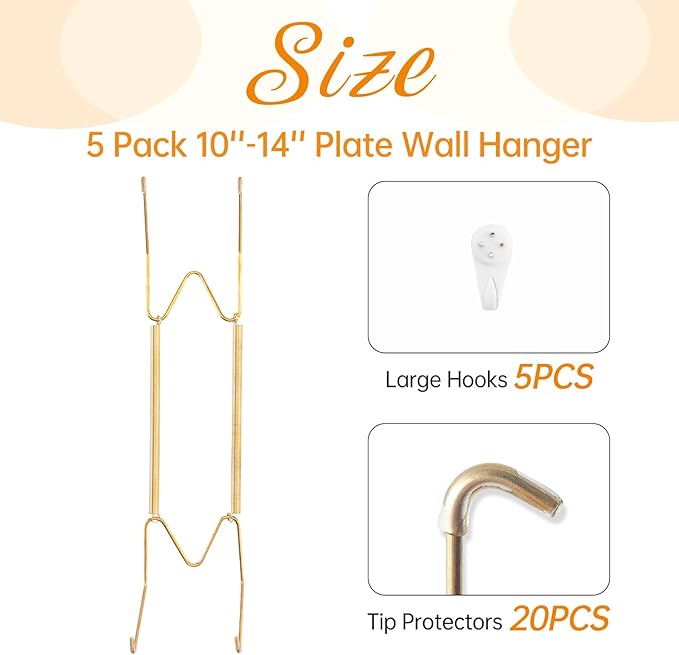 5 Pack Plate Hangers for The Wall, Suitable for 10-12 inch Art Plate, Stainless Steel Invisible Heavy Duty Wire Plate Holder with Wall Hooks, Plate Hangers for Displaying Plates, Platter, Dish, Gold
