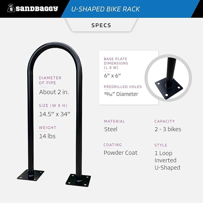 Sandbaggy In Ground Bike Rack | U Shaped, Commercial, Outdoor, 1 Loop, Steel | Black, 14.5" x 34" (10)
