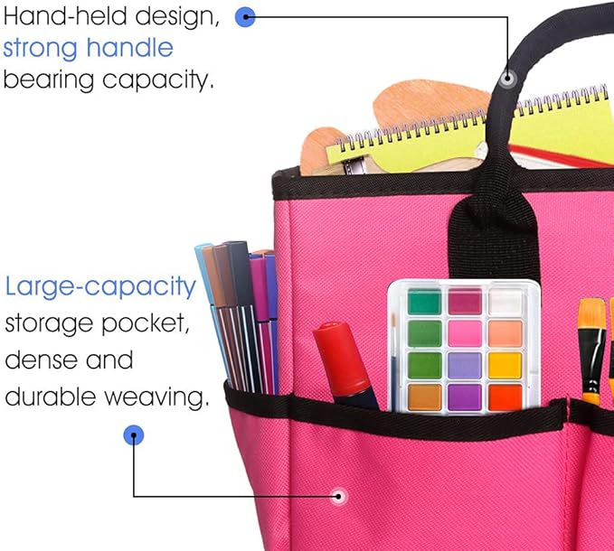 ZKOO Desktop Tote and Stock Organize, Multiple Pockets Teacher Helper Tote Bag Organization for Arts, Books, Stationery and Office Desk Organize, Make-up Case with Handles Craft Organizer (Pink)
