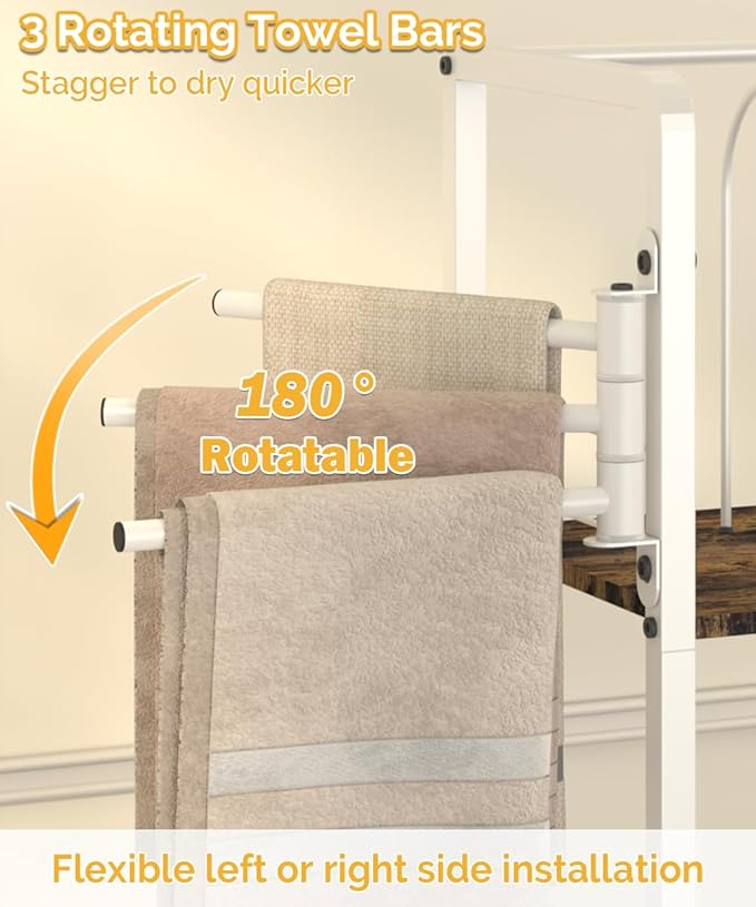 Free Standing Towel Racks for Bathroom with 3 Rotating Bars, 3-Tier Floor Towels Holder Stand with Detachable Dividers, Pool Towel Storage Organizer with 8 S-Hooks for Home, Poolside, White