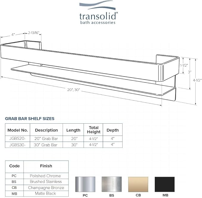 Transolid JGBS30-CB Jocelyn 30-in Grab Bar Shelf, Champagne Bronze