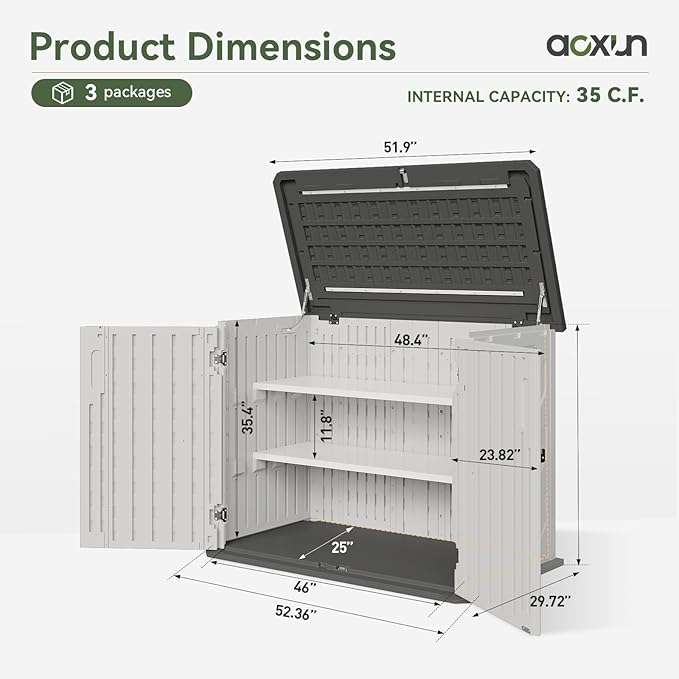 Aoxun 35 Cu.Ft Outdoor Storage Shed with 2 Shelves and Floor, Waterproof Horizontal Resin Cabinet for Trash Cans, Lawn Mowers, Generators, and Garden Tools, White