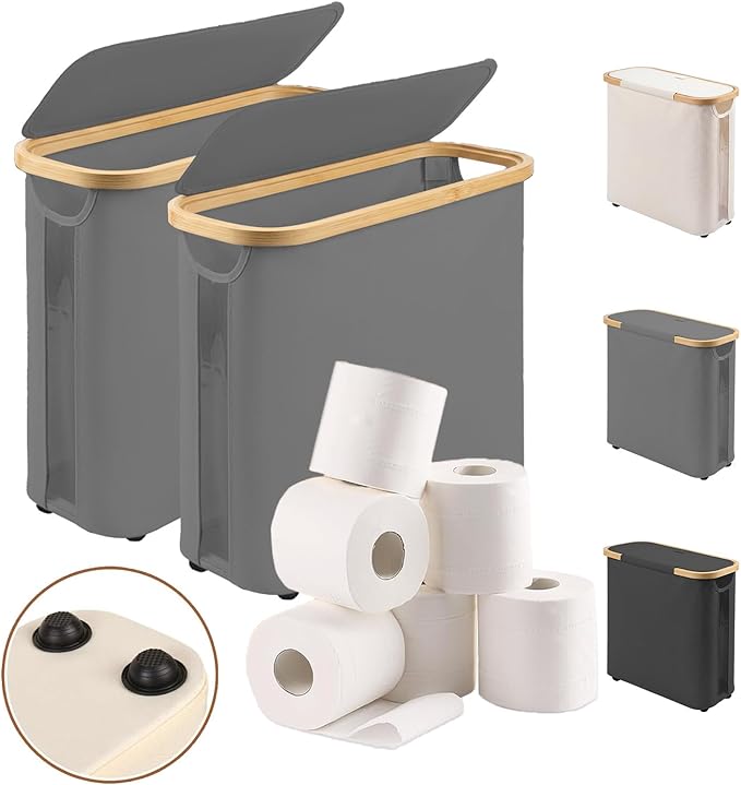Vespara 2 Pcs Toilet Paper Storage Baskets, FoldableToilet Paper Storage with Lid for 9 Mega or 12 Regular Size Rolls,Waterproof Free Standing Toilet Paper Holder with Storage for Bathroom Grey