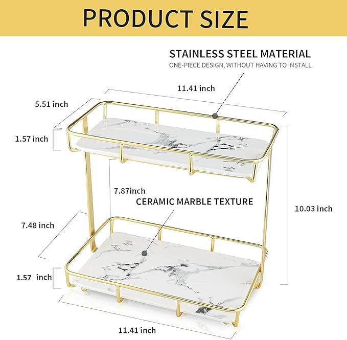 Bathroom Organizer Countertop Perfume Organizer Makeup Organizer Cosmetics Storage Display Rack Vanity Tray Dresser Stainless Steel Gold Shelf White Marble Ceramic Tray