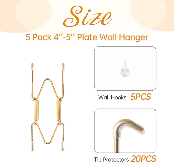5 Pack Plate Hangers for The Wall, Suitable for 4-5 inch Art Plate, Stainless Steel Invisible Heavy Duty Wire Plate Holder with Wall Hooks, Plate Hangers for Displaying Plates, Platter, Dish, Gold