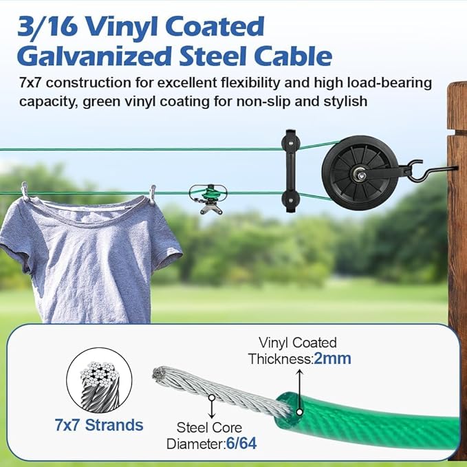 Outdoor Clothesline Kit, 150ft Green PVC Coated Galvanized Clothes Line Pulley Kit with 6.3" Clothesline Pulley, M8 Metal Hooks, 3Pcs Separator, Outdoor Clothes Line Heavy Duty