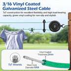 Outdoor Clothesline Kit, 150ft Green PVC Coated Galvanized Clothes Line Pulley Kit with 6.3" Clothesline Pulley, M8 Metal Hooks, 3Pcs Separator, Outdoor Clothes Line Heavy Duty