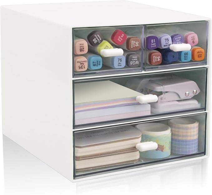 Desk Organizer with Drawer, Office Organizer with 4 Drawers, Desk Storage Box for, Desktop, Dressing table, Office, School, Home, Plastic Box and 4 Acrylic Drawers(White)