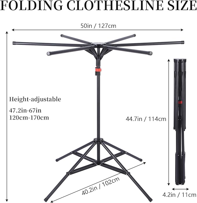 4-Leg Clothes Drying Rack with 6 Adjustable Poles,Standing Dryer,20 Windproof Hooks and 2 Sock Clips,No-Installation Drying Stand,Clothes Rack Foldable Space-Saving, Indoor and Outdoor Use Black