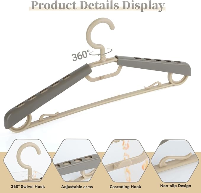 6-Pack Heavy Duty Plastic Extra-Wide Arm 15"-23" Suits Clothes Hangers with Swivel Hooks,Perfect for Coat,Jacket,Dress,Shirt,Trousers or Closet Space Saving,Grey&Tan