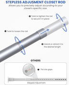 Closet Rods for Hanging Clothes, 17 to 99 Inches Stepless Adjustable Metal Closet Rod, 1.3 Inches Heavy Duty Clothes Hanging Rod for Closet Wardrobes Laundry RV, Silver