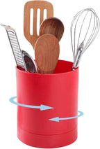 Cyrank Utensil Holder, 360° Rotating Utensil Holder for Kitchen Counter Flatware Caddy Cooking Silverware Storage Organizer for Spoon Spatula, 6.5x5.7 Inch (Red)