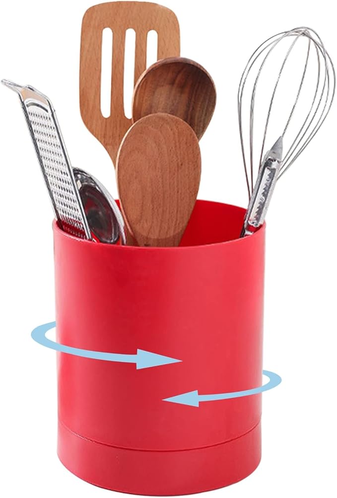 Cyrank Utensil Holder, 360° Rotating Utensil Holder for Kitchen Counter Flatware Caddy Cooking Silverware Storage Organizer for Spoon Spatula, 6.5x5.7 Inch (Red)