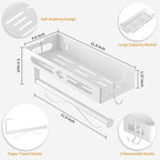 White Paper Towel Holder Wall Mount with Shelf - Adhesive Hand Towel Rack, Space-Saving for Bathroom, Kitchen, RV Camper
