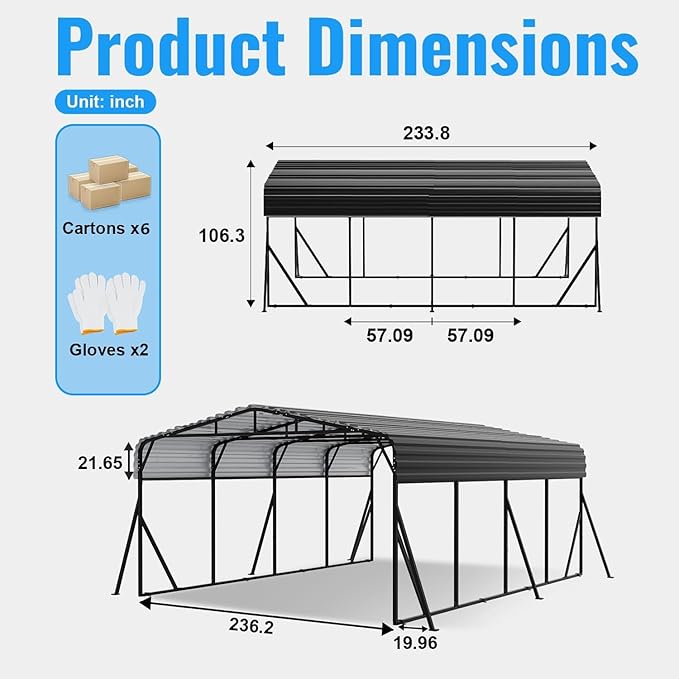 20X20FT Heavy Duty Carport, Metal Carport with Reinforced Frame & Side Support Poles for All-Weather, Large Outdoor Car Port Suitable for Parking Pickup, Boat, Car, and Tractor