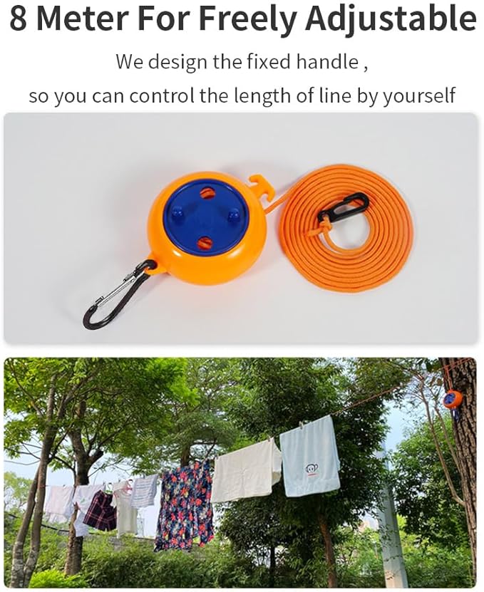 Retractable Camping Clothesline, Adjustable Travel Laundry Rope, Heavy Duty Washing Line with 20 Clothespins & 10 Stoppers for Indoor/Outdoor, Camping, Travel, Courtyard, 33ft (Orange 26ft)