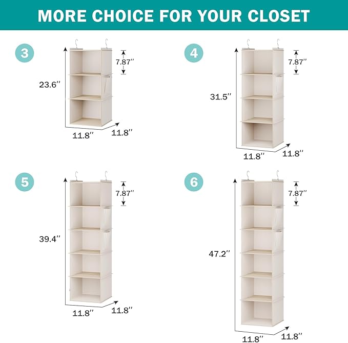 YOUDENOVA Hanging Closet Organizer, 3-Shelf Closet Hanging Storage Shelves, Beige