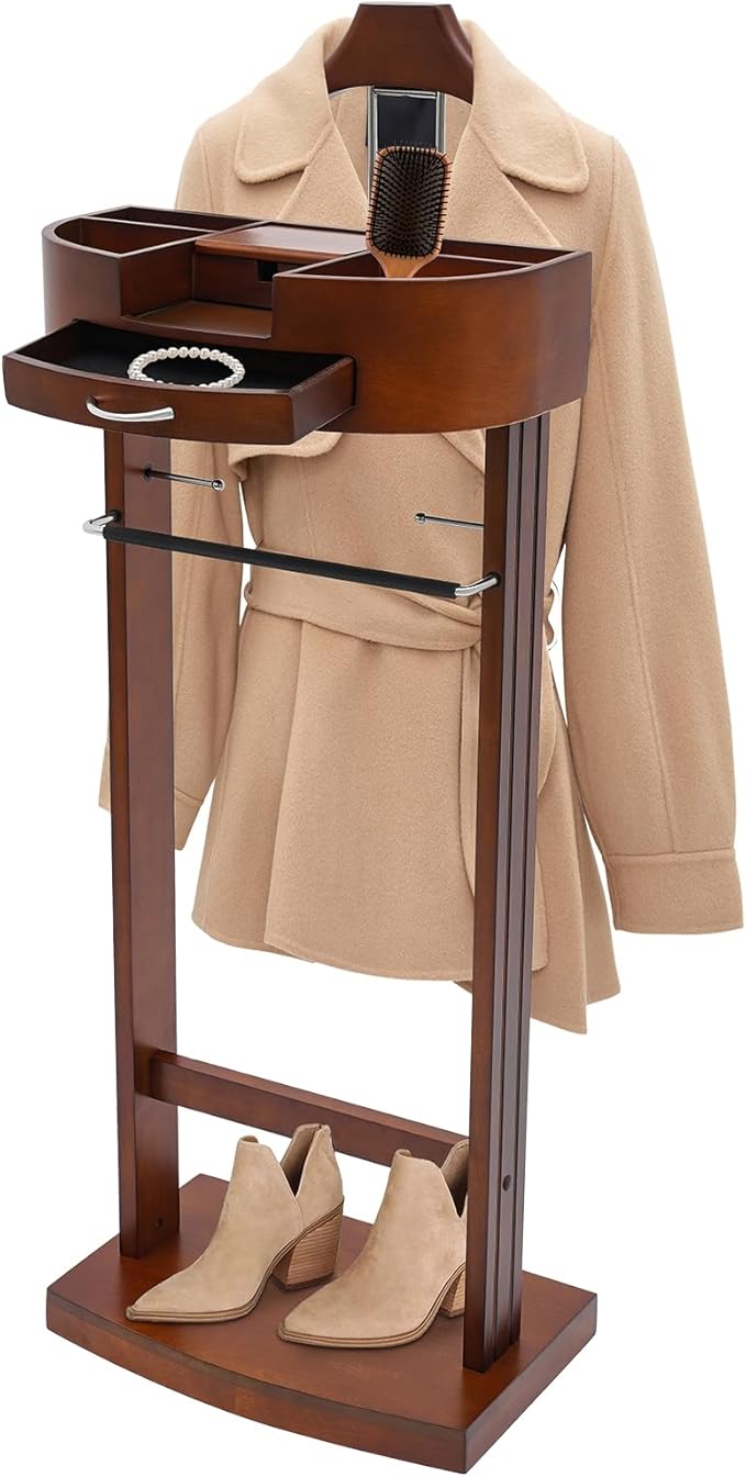 Wood Suit Rack, 22.05Lbs Capacity Freestanding Clothing Valet Stand Floorstanding Valet Stand Clothing Rack Organizer w/Shoe Shelf for Hallways Hotels Office & Shopping Malls (Brown)