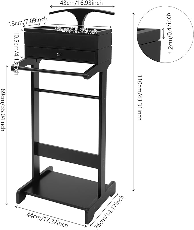 Suit Valet Stand, Solid Wood Valet Stand with Drawer & Top Compartment, Contour Hanger & Shoe Shelf & Trouser Bar, FreeStanding Suit Hanger Shoe Rack For Guest Rooms Hotel