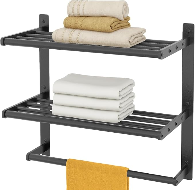 Hotel Towel Racks for Bathroom Wall Mounted, BETHOM Towel Shelf for Bathroom 3-Tier, 16 Inch Matte Black Towel Bar with Shelf
