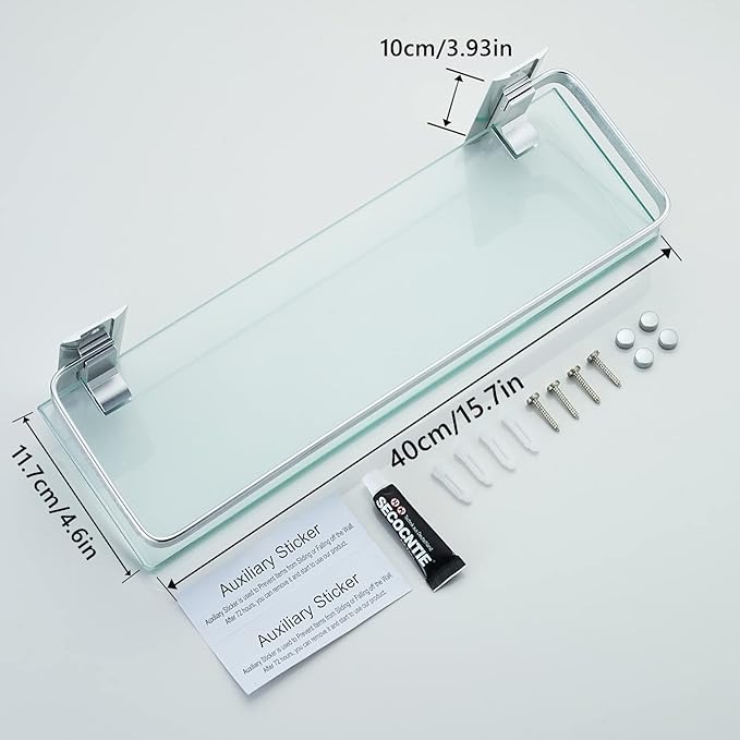 AIJALY 2 Pack Bathroom Glass Shelf,15.7 Inches Silver Bathroom Shower Glass Shelf Wall-Mounted, Metal Storage Floating Kitchen Shelf