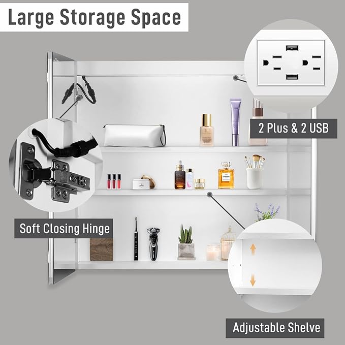 Karl home 2-Doors 32"x28" LED Medicine Cabinet for Bathroom, 3-Color Wall Mounted Dimmable Bathroom Cabinet with 3-Tiers Storage Shelves, Anti-Fog, USB Charge, White