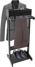 Wood Suit Rack Stand, Freestanding Valet Stand with Base and Drawer, Suit Valet Stands Organizer for Men and Women, Clothes Coat Valet Rack for Bedroom Office Entryway(Black)