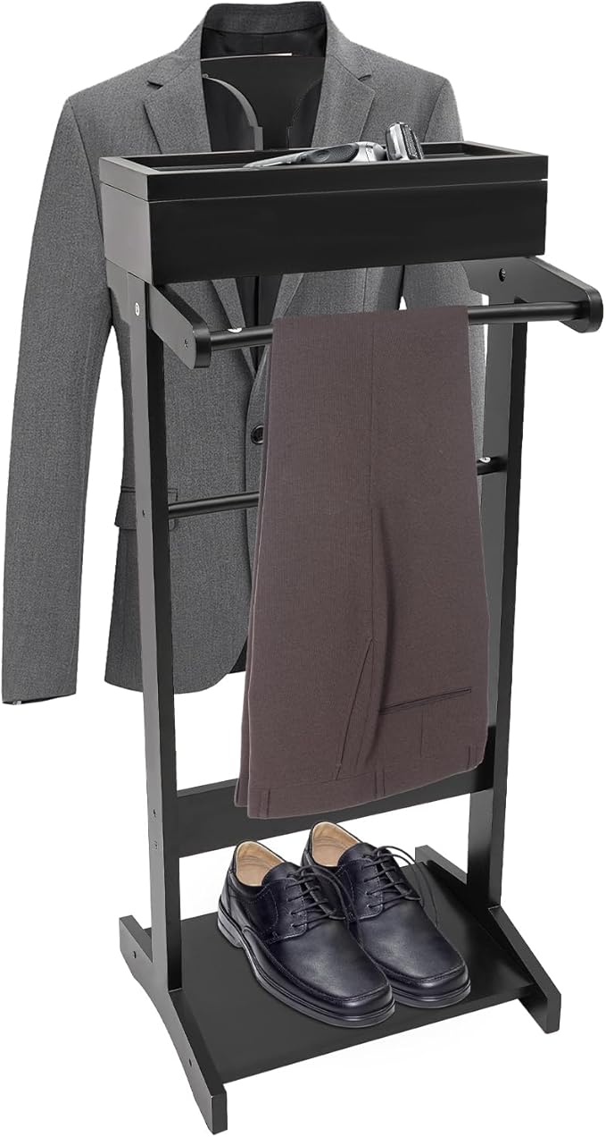 Wood Suit Rack Stand, Freestanding Valet Stand with Base and Drawer, Suit Valet Stands Organizer for Men and Women, Clothes Coat Valet Rack for Bedroom Office Entryway(Black)