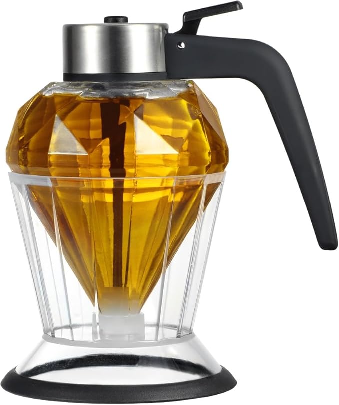 200ml Honey Dispenser with Stand, Premium No Drip Design Syrup Dispenser, Elegant Diamond Shape with Stainless Steel Top Glass Honey Dispenser, for Maple Syrup, Cooking Oil, Seasonings
