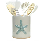 Ceramic Starfish Embossed Utensil Holder, Large Cooking Utensil Crocks for Countertop, Ocean Style Utensil Organizer for Spatula