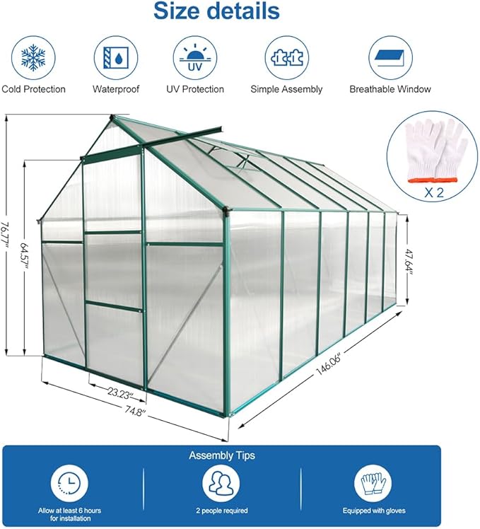 Polycarbonate Greenhouse with Rain Gutter and Roof Vent, Raised Base and Anchor Aluminum Heavy Duty Walk-in Green House, Outdoor Patio Sunroom with Sliding Door (Green, 146.06*74.8*76.77in)