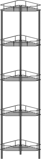 5 Tier Floor Standing Corner Shower Caddy Organizer Shelf with Hooks, Bathroom Shelves Stand Rack, Black