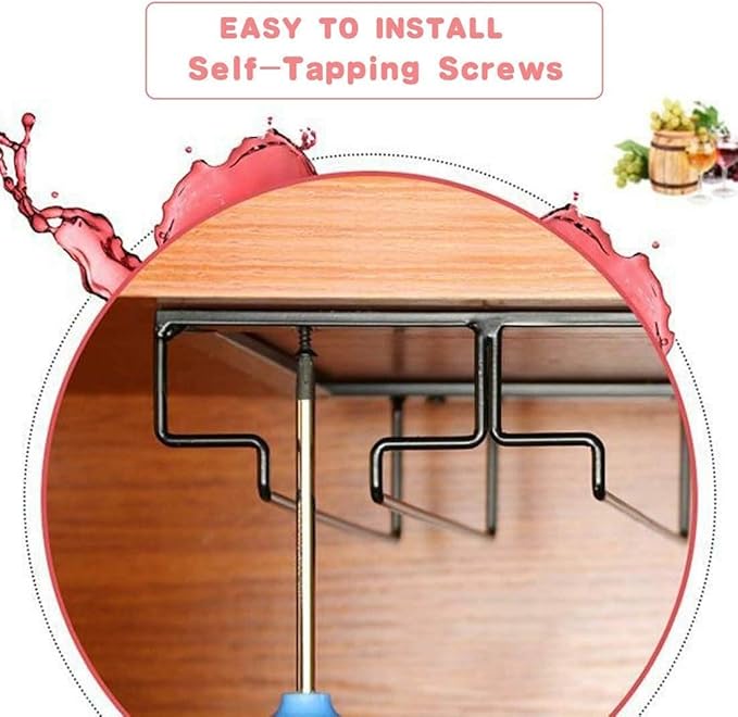Wine Glass Rack - Under Cabinet Stemware Wine Glass Holder Glasses Storage Hanger 1 Pack Metal Organizer for Bar Kitchen 5 Rows Black