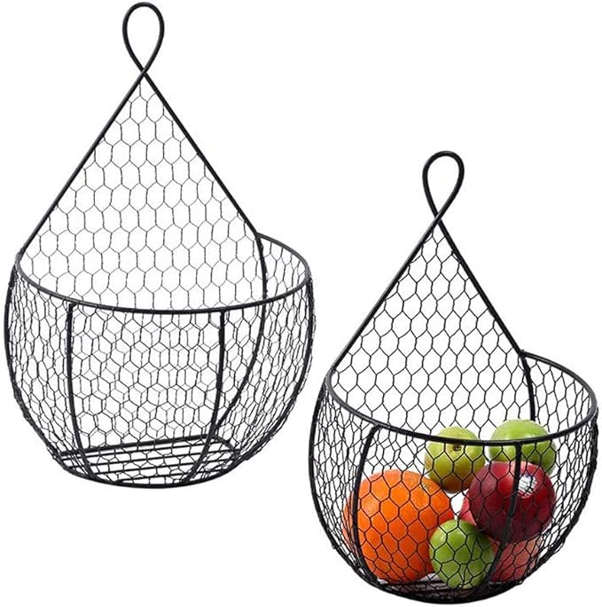 ERYTLLY Metal Fruit And Vegetable Storage Hanging Basket Wall Mounted, For Kitchen Black Wire Baskets for Flowers, Fruits and Veggies, - Set of 2