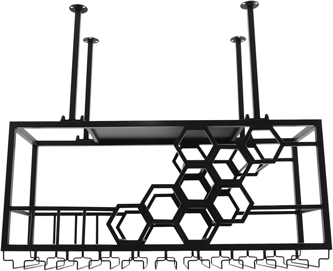 Ceiling Wine Glass Rack, Hanging Wine Rack with Glass Holder and Shelf, 2 Layer Industrial Iron Hanging Wine Bottle Holder, Metal Ceiling Shelf for Bar Cafe Kitchen, 39.4*11.8*15.8in (Black)