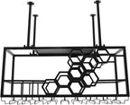 Ceiling Wine Glass Rack, Hanging Wine Rack with Glass Holder and Shelf, 2 Layer Industrial Iron Hanging Wine Bottle Holder, Metal Ceiling Shelf for Bar Cafe Kitchen, 39.4*11.8*15.8in (Black)