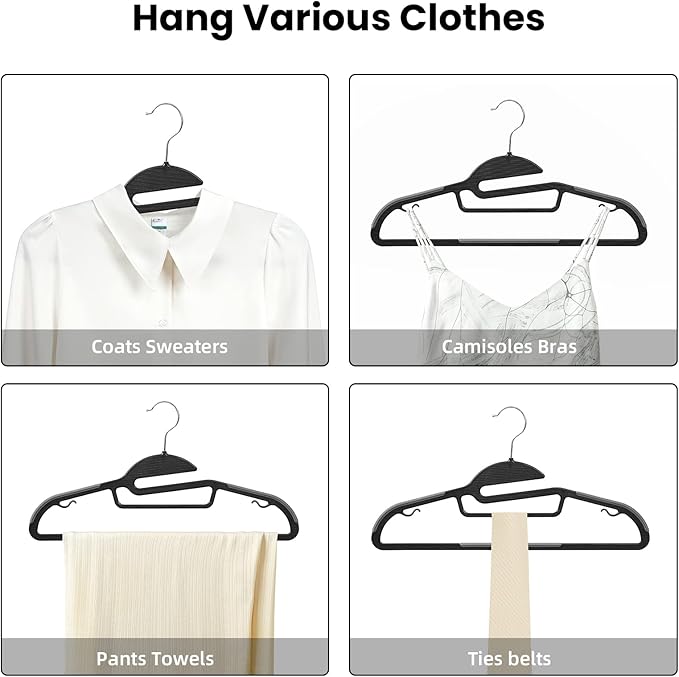 Heavy Duty Plastic Hangers 50 Pack with Non-Slip Design,0.2 Inches Thick,360°Swivel Hook Space Saving Organizer for Bedroom Closet,Shirts,Pants,Strong Enough for Coat(Black- S Shaped)