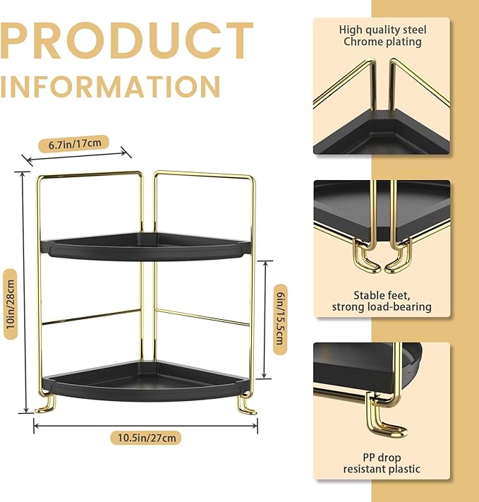 2-Tier Spice Rack Corner Storage Shelf Makeup Organizer Stackable Cosmetic Holder Standing Counter Shelf for Bathroom, Kitchen, Countertop, and Vanity (Gold + Black)