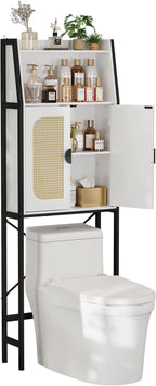 Over The Toilet Storage Cabinet with Rattan Doors, Bathroom Organizer with Adjustable Shelf, Metal Frame & Anti-Tip Device, Space-Saving Wood Cabinet for Bathrooms, Laundry Room, White