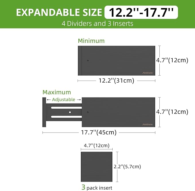 ANTOWIN 4 Pack Expandable Drawer Dividers, 4.7'' High, Extend from 12.2'' to 17.7'', Dresser Drawer Organizers, Bamboo Separators for Kitchen, Bedroom, Office, Bathroom (Black)