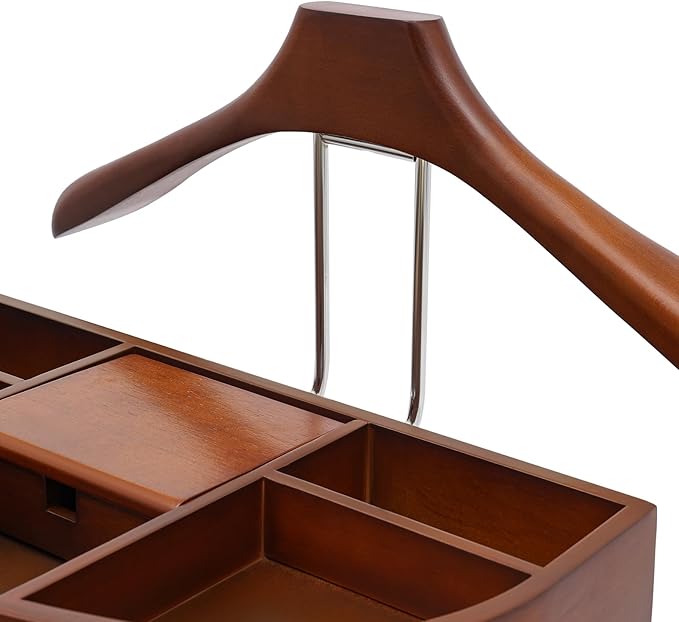 Suit Valet Stands, Wood Suit Rack with Drawer & Trouser Holder, Freestanding Clothing Valet Stand, Brown Suit Valet for Clothes, Hats, Bags