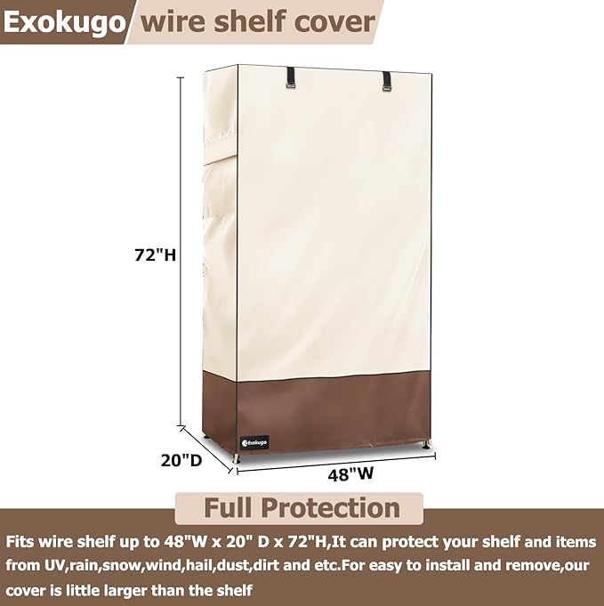 Wire Shelf Cover,600D Heavy Duty 100% Waterproof Shelf Covers for Wire Shelving,Outdoor Storage Shelves Cover for Metal Rack,48" W x 20" D x 72" H,Beige & Brown