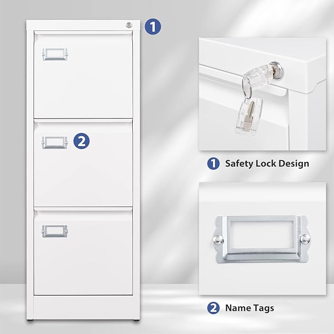 3 Drawer File Cabinet, Filing Cabinets for Home Office, Metal Vertical File Storage Cabinet with Lock, Locking File Cabinet for A4 Legal/Letter, 15" W x 17.7" D x 38.6" H, Assembly Required