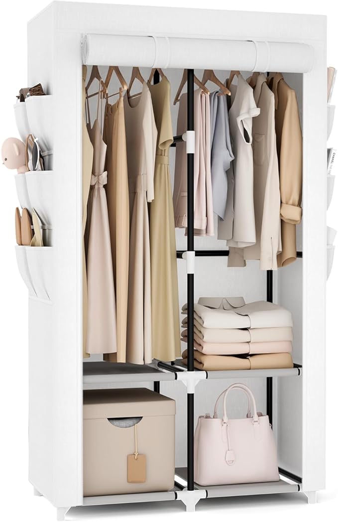 VTRIN Portable Closet Wardrobe Closet for Hanging Clothes with 4 Storage Shelves, 2 Hanging Rods and 6 Pockets, Stable and Easy Assembly Clothes Rack with Cover Free Standing Closet White