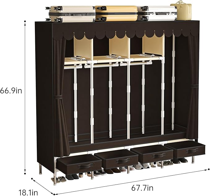 Portable Wardrobe with 4 Drawers, 4 Hanging Rods - 67" Tall Sweater Organizer, Sturdy Easy Temporary Bedroom Wardrobe Organizer, Brown