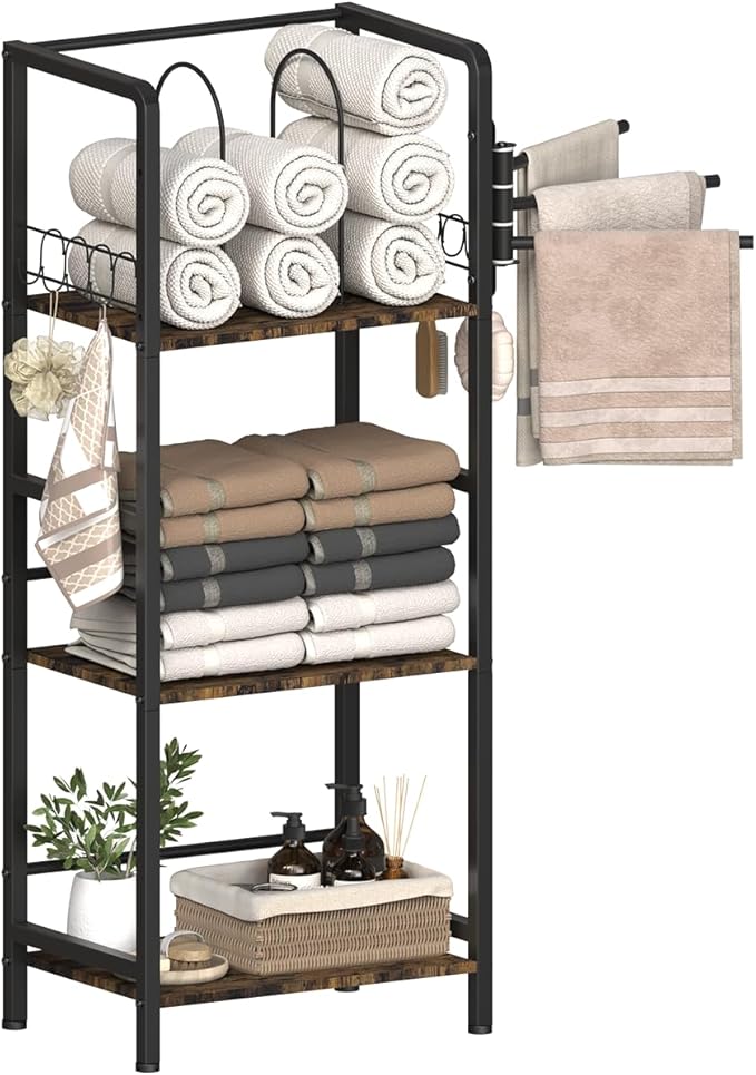 Free Standing Towel Racks for Bathroom with 3 Rotating Bars, 3-Tier Floor Towels Holder Stand with Detachable Dividers, Pool Towel Storage Organizer with 8 S-Hooks for Home, Poolside, Black