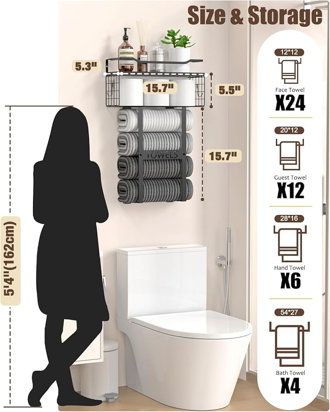 Wall Mounted Towel Rack for Bathroom - Bath Storage Holder Set Above Toilet, Rolled Towel Shelf Organizer, Wood Vertical Rack for Small Bathroom Decor, Black