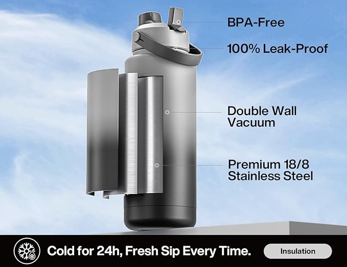 POWCAN 40 oz Insulated Water Bottle with 2-in-1 Straw and Spout Lid, Keep Cold 24H, Leak-Proof, BPA-Free, Double Wall Stainless Steel Water Bottle for Sports, Gym, Travel, and School (Obsidian)