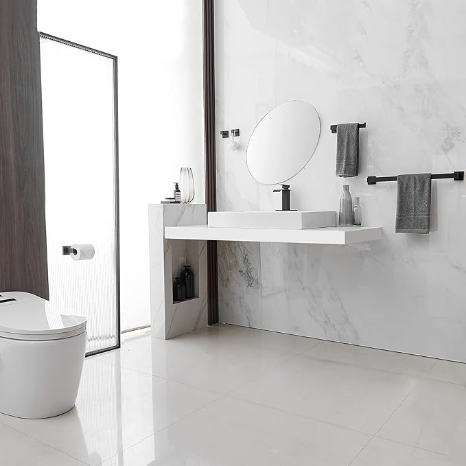 BWE 5 Pieces Matte Black Bathroom Hardware Set SUS304 Stainless Steel Include 21.9" Towel Bar,Hand Towel Holder,Toilet Paper Holder and 2 Robe Hook Square Bathroom Accessories Set Wall Mounted